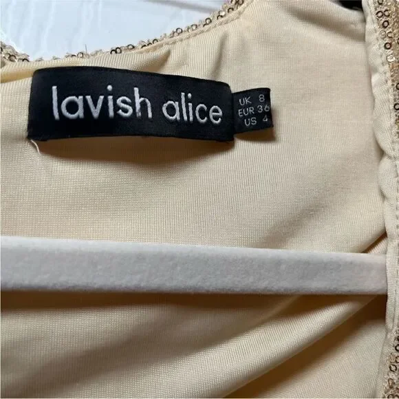 Lavish Alice NWT Gold Ruched Sequin Long Sleeve Mini Dress Size 4 - Picture 7 of 8